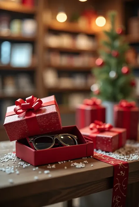  create an image for Christmas campaign in December, with the theme: Gift with Style and Protection , Put in some gift boxes, Include eyeglasses and in the background of the image include an internal scene from an optician