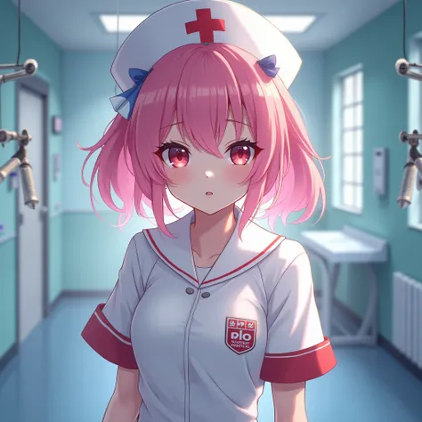    Draculas girl   。   is a nurse   。  pink hair。   There are syringes in the hospital room。 Beauty。   everyone likes 。Hospital name   （myo）。On the chest（myo）Character。