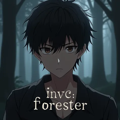 create a serious ,  handsome anime guy ,  dark hair ,  brown eyes and “INVC” in the middle: Forester”