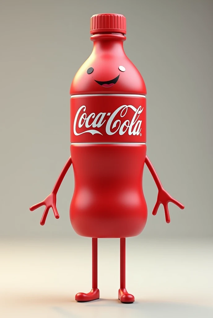 Create a pet bottle with red , legs, face,  arms and Coca-Cola written on the front of the bottle