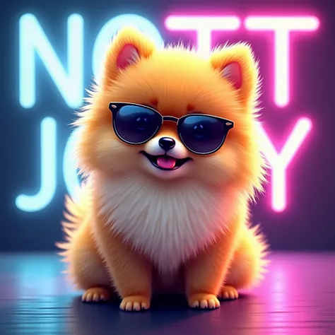 Make a cute, cool gold-haired Pomeranian pompom with sunglasses. The picture is neon but cool. Put the big word “nottjoy 861” in the picture.