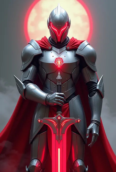 movie poster of a Commander knight wearing silver warframe-inspired cyber armor with a full red halo style visor glowing red, glowing red gem on the breastplate, red tabard,  holding a large sword that looks majestic radiating red magical energy