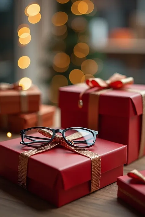  create an image for Christmas campaign in December, with the theme: Gift with Style and Protection , Put in some gift boxes, Include eyeglasses and in the background of the image include an internal scene from an optician