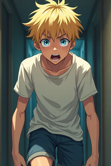 Full body Anime 17yo white guy. Maybe a little scruffy. Dirty blond and blue eyes Hes terrified
Wearing t shirt and short