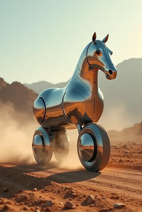  Robot horse, silver, Polished Metal, round, motociclet with form of horse, two wheels in the legs, dirt road, decert