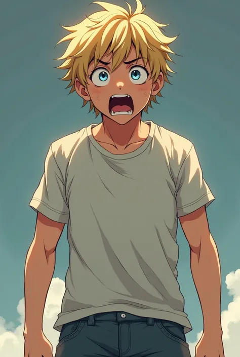 Full body Anime 17yo white guy. Maybe a little scruffy. Dirty blond and blue eyes Hes terrified
Wearing t shirt and short