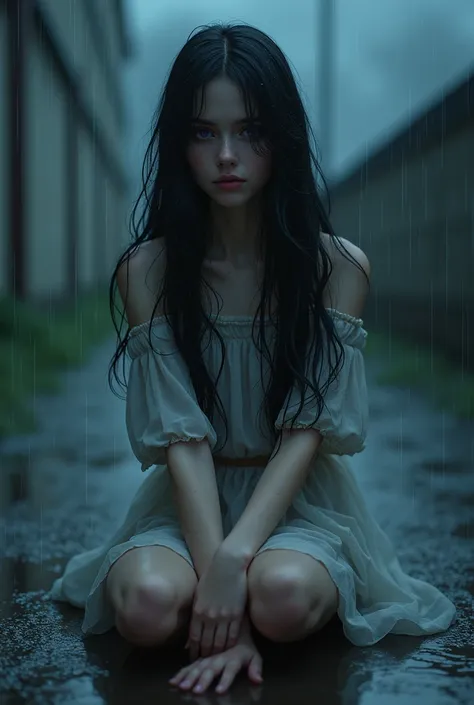 Girl with dark waist-length hair with purple eyes and freckles sitting on the floor in the rain at night