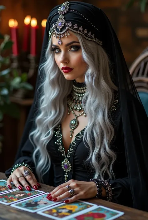  A woman with elaborate jewelry and makeup , dressed in black, sits at a table with tarot cards .  she has long hair , wavy, Silver-gray ,  and is wearing a black head cover adorned with silver and rose 