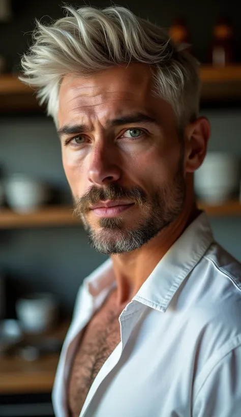 masterpiece, best quality, high resolution, closeup portrait, male focus, solo focus, A man, 47 years old, with chef uniform, unbuttoned chef suit, chef, bleached blonde silver hair, looking french, messy short hairstyle, cute and seductive face, bare ches...