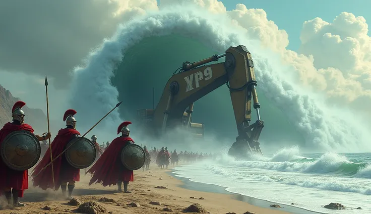  Spartans fighting on the beach, Excavator with arm on the side , Tidal wave as "XP9 "-Lettering behind