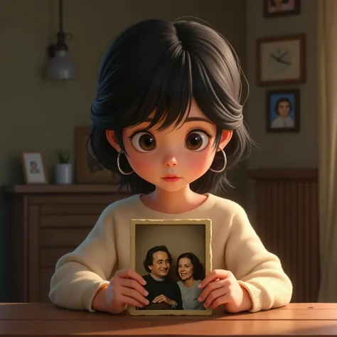  A girl sitting at a table, holding a photo of her grandparents, looking thoughtful.