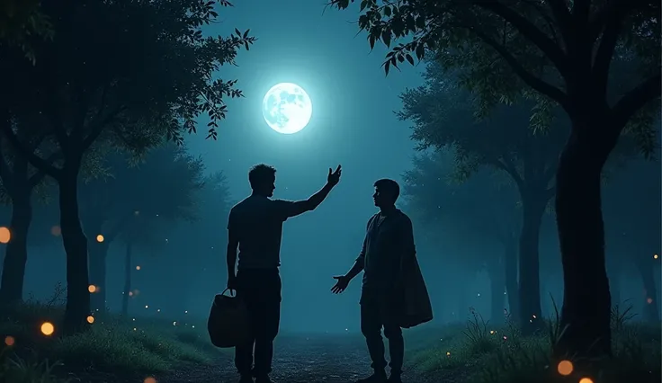 A moonlit night in the orchard, with Vivek standing fearlessly in front of a man caught holding a sack of stolen fruits. Vivek’s face shows courage and calmness as he raises his hand to stop the man. The thief, dressed in torn clothes, looks guilty and hes...