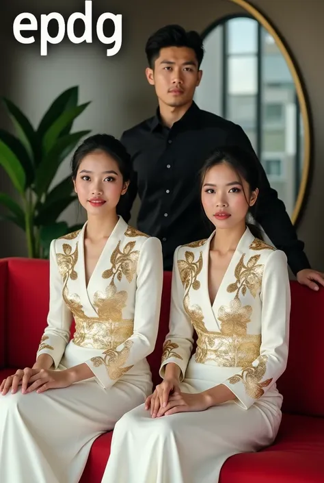 photography.1 young man 2 handsome dressed in formal black shirts. and two beautiful Indonesian women with hipped hair . wearing kebaya modern long white color gold leaf motif . sitting on red sofa background of office space with 3D text "EPDG "  greenery ...