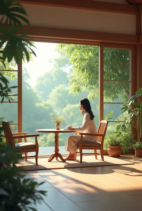 A room of a garden villa where a table and a chair is beside the window