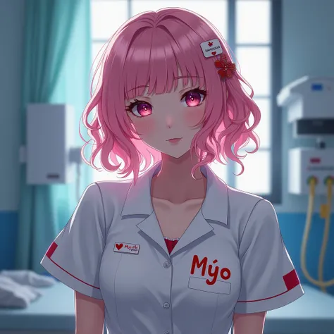    Draculas girl   。   is a nurse   。  pink hair。   There are syringes in the hospital room。 Beauty。   everyone likes 。Hospital name   （myo）。On the chest（myo）Character。With bangs。Curly Hair。