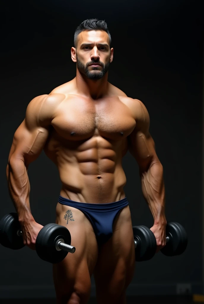 The image shows a young man, latino,  hairy and muscular physique that she is posing in a well-lit interior environment.. His torso is uncovered, , which highlights her sharp abs and well-defined arms .  She is wearing a small, tight navy blue thong .  In ...