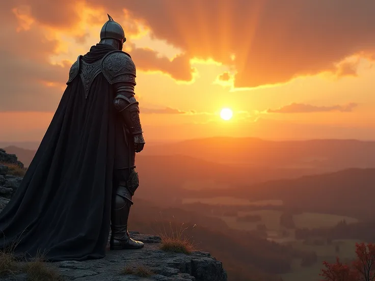 Medieval knight in dark armor staring at a view at sunset 