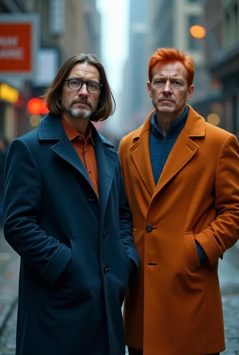 two men stand frontally on camera ,  detectives alone in a dark blue coat with round glasses and a bob hairstyle brown hair,  another slightly older in a dark orange coat and red fiery hair ,  short hair .