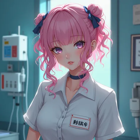    Draculas girl   。   is a nurse   。  pink hair。   There are syringes in the hospital room。 Beauty。   everyone likes 。Hospital name   （myo）。On the chest（myo）Character。With bangs。Curly Hair。