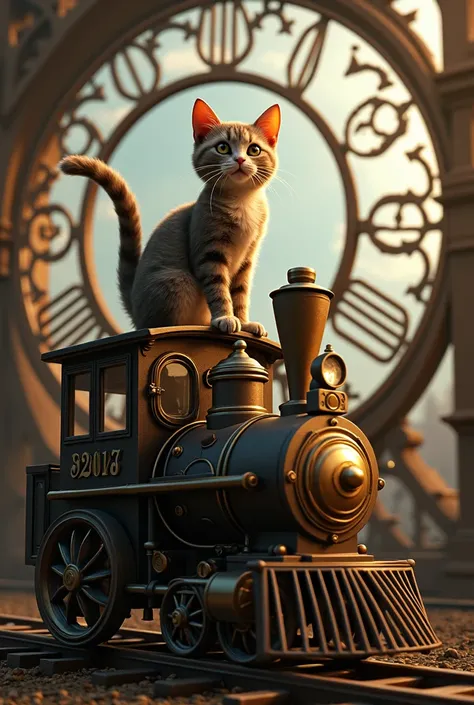 Cat on the train and train on a clock 