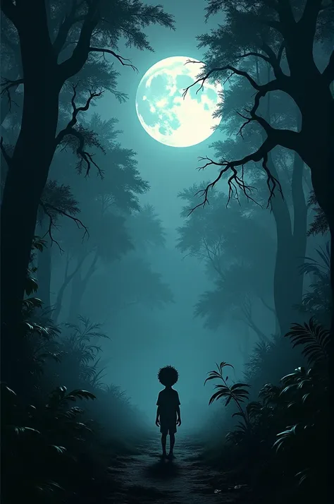 Alone boy in night time in darkest  jungle shining moon 