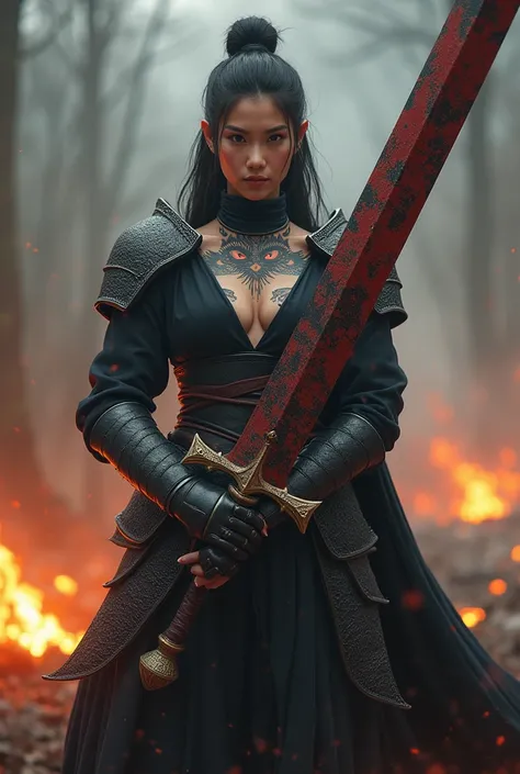 Beautiful Asian woman, 18 years.
Open chest, no buttoned shirt, Very large chest, size 45 inches,
 full body dragon. She wears dark medieval-inspired armor with shoulder plates, gauntlets, and greaves, partially revealing tattoos on her body. She grips a m...