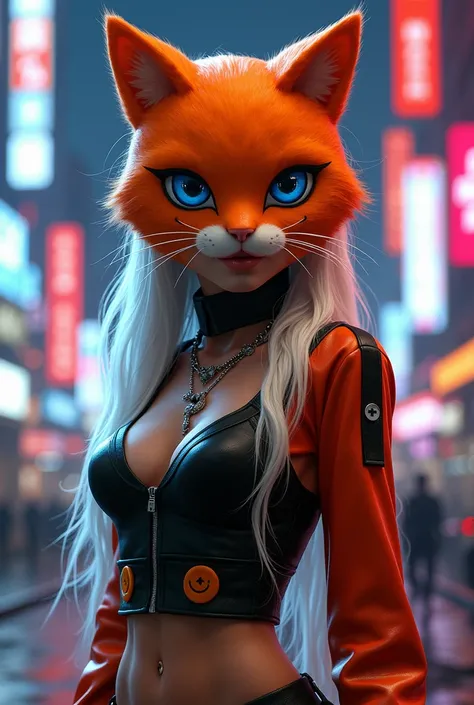 Make a female character with long white hair GTA V style with a large mask that covers the entire head of an orange kitten 