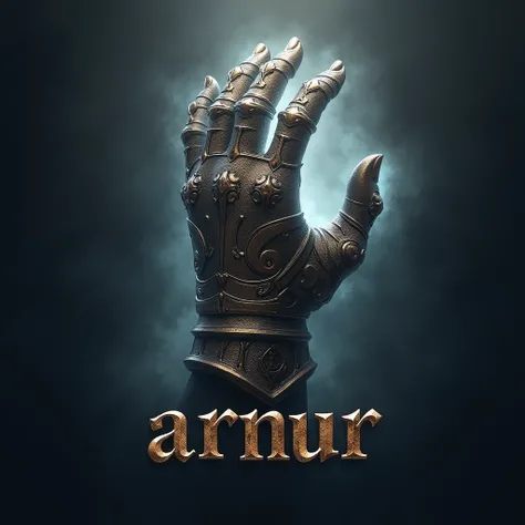  imagines a gammer logo ,  with a translucent background  ,  that is represented with a hand with armor,  under it the text  "ARNUR ",  with different metallic colors , quality 32k