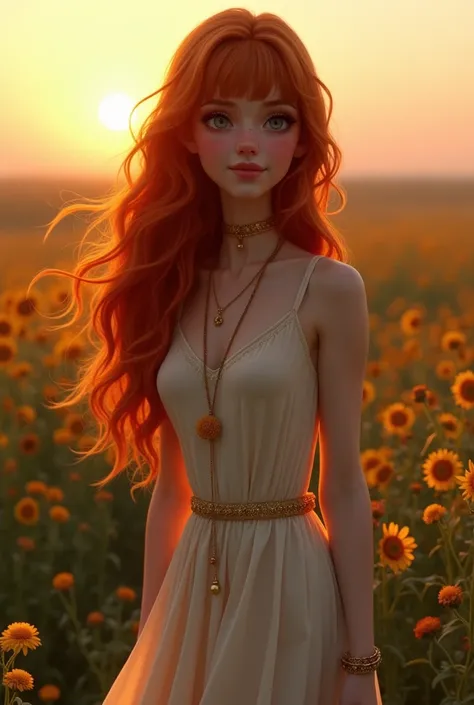 white with some freckles , long wavy red hair , with bangs,  dark blue eyes with long lashes, smiling, Lean body, with long dress, wearing black heels ,  wearing a gold bracelet ,  with a necklace of golden flowers ,  on a flower field at sunset 