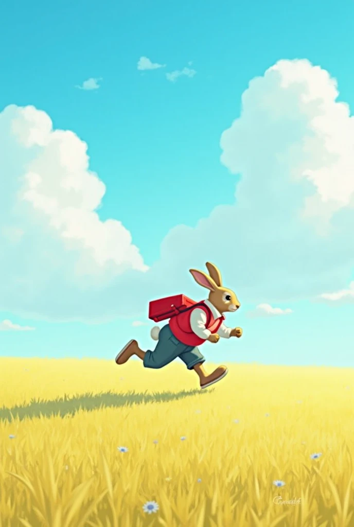 field　 blue sky　 White Clouds 　 a red casket in the center A rabbit running on two legs wearing a red vest 　A shoulder bag containing mail is hanging at an angle 　赤いハートのシールで封をした封筒を手に持ってfieldの中央の道を急ぐように走っている