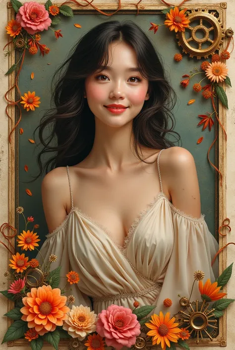 A beautiful young 1 smiling woman with detailed portrait, realistic lithograph by Charlie Bowater, elegant long-sleeved autumn dress, flowers, gears, dieselpunk, colorful ribbons, old paper texture, extremely detailed and high-quality face, beautiful detai...