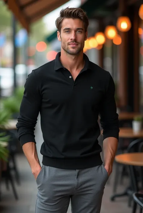 Attractive Man, Tall and athletic,   light brown hair  , black polo sweater  ,   tight gray pants  ,  dark gray eyes in an outdoor cafe in Westfield, Nj 