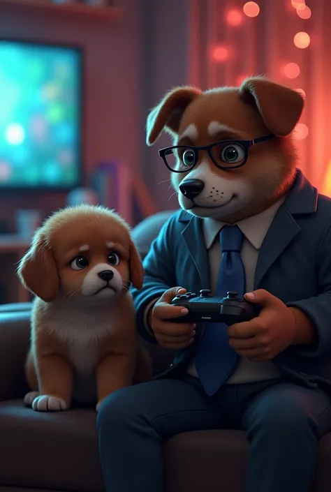 "A cozy gaming room where a cute, fluffy dog sits on a couch with tearful eyes, looking sad and guilty. The dog’s head is slightly lowered, and a single tear rolls down its cheek. Nearby, the dad dog, a stern-looking figure wearing a tie and glasses, holds...