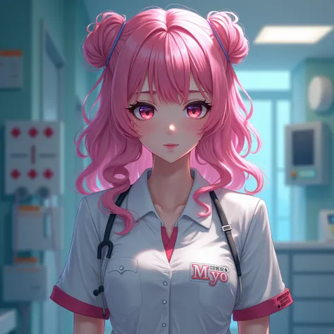    Draculas girl   。   is a nurse   。  pink hair。   There are syringes in the hospital room。 Beauty。   everyone likes 。Hospital name   （myo）。On the chest（myo）Character。With bangs。Curly Hair。