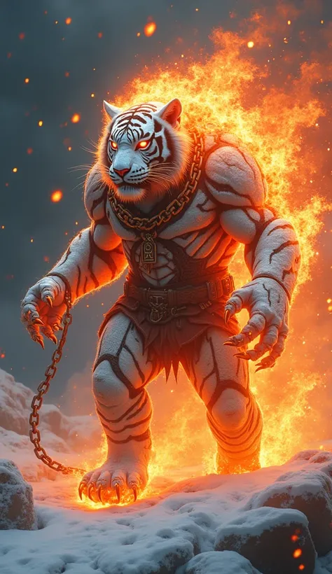 create 32k hybrid fusion of a snow tiger and Ghost Rider. This intense, dark fantasy hybrid merges the raw, primal power of the snow tiger with the fiery, vengeful spirit of Ghost Rider. Its massive, muscular build is a terrifying combination of the snow t...