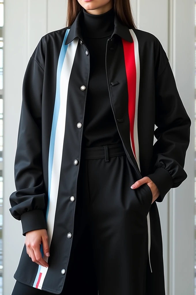 Show me a full black jacket with white, red and light blue stripes.