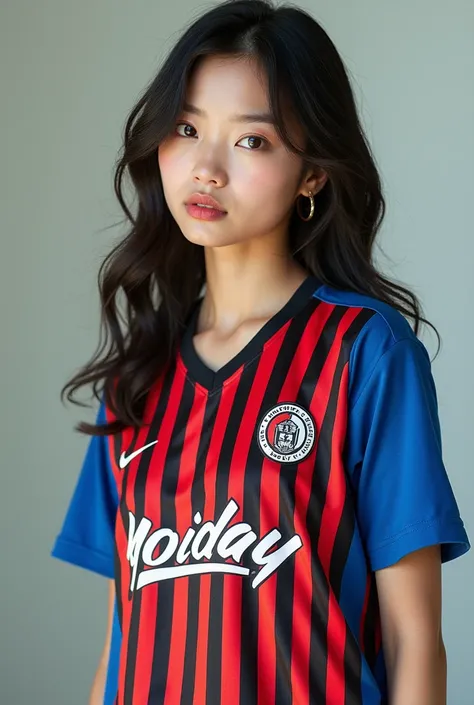 Singer Yeji from the Korean group ITZY wearing the jersey of the soccer team Monterrey CF (striped)