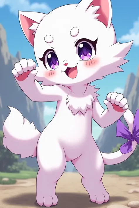 A cute kitten girl Cat in Metal Fight beyblade style, with pure white fur and purple eyes. She has a small purple ribbon on her tail 