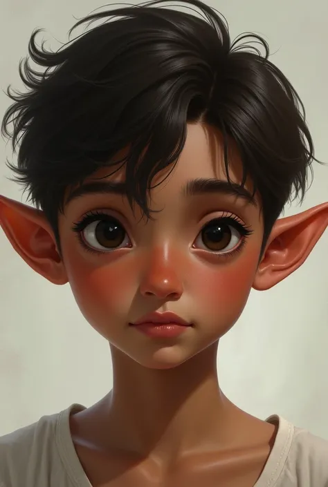 Create an image of a male boy with Latin features,  dark skin ,  Brown hair,  black eyes, Elf ears,  big eyelashes 