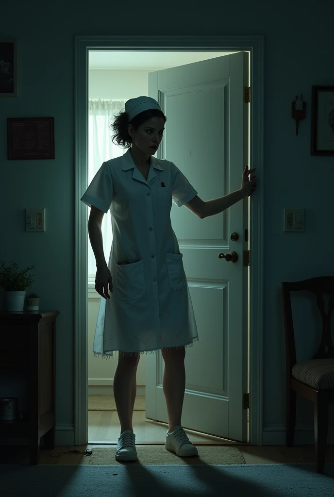 a frightened nurse turning the door knob of her house