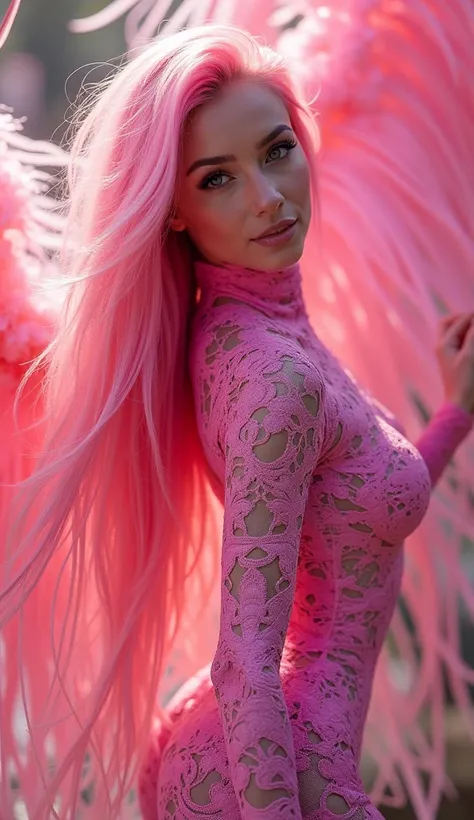 a woman in a pink bodysuit posing for a picture, pink body, lacey, tight full body suit, bubblegum body, gorgeous lady, tight outfit, see through dress, hot pink, smooth pink skin, very sexy outfit, young lady, covered in pink flesh, pink vibe, tight attir...