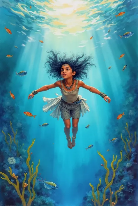  A very young full-bodied girl with indigenous features diving under the sea. In a watercolor painting style 