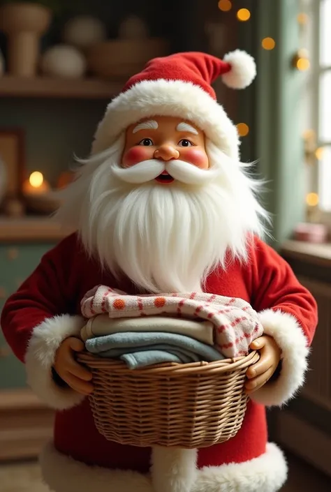 A Santa doll holding a basket with folded clothes