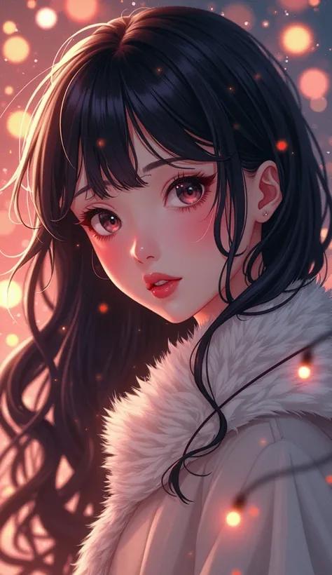 anime woman, close up, long black hair, bangs, curls, red glossy lips, Christmas lights, intricate details, white furry coat, scarf, red background, kawaii, glitter effect