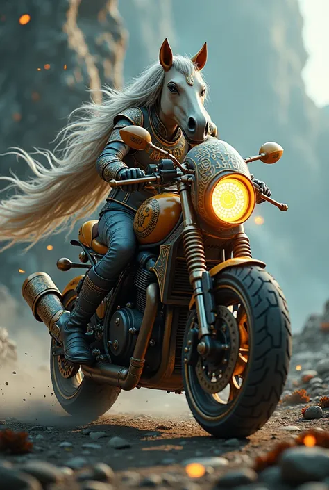 A motorcycle with a horse head, a girls hair and a legendary sword