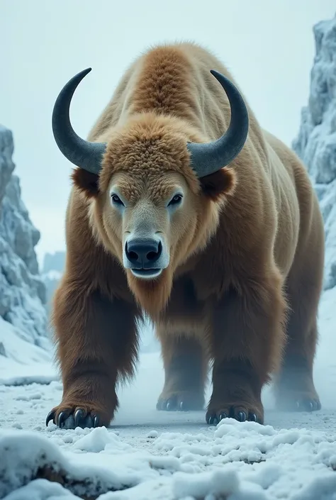 :  In an icy and desolate landscape ,  an imposing hybrid being emerges ,  combining the majesty of a polar bear and a bison. This colossal guardian displays a muscular body covered with a thick brown coat that shines in soft arctic light.  Its large curve...