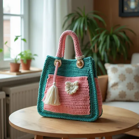 Nice stylish bag design crochet with wool lady design on wool bag and separate design teal green pink white color full view pic room view zoom out on table in room