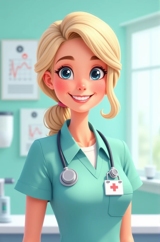 Cartoon smiling 40 years old nurse blonde pony tail