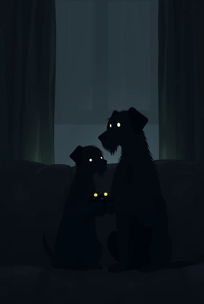 "A completely dark room where the silhouettes of the cute dog and his dad are barely visible sitting on the couch, still holding their gaming controllers. The vibrant glow of the gaming screens and fairy lights is gone, leaving the room in total darkness. ...