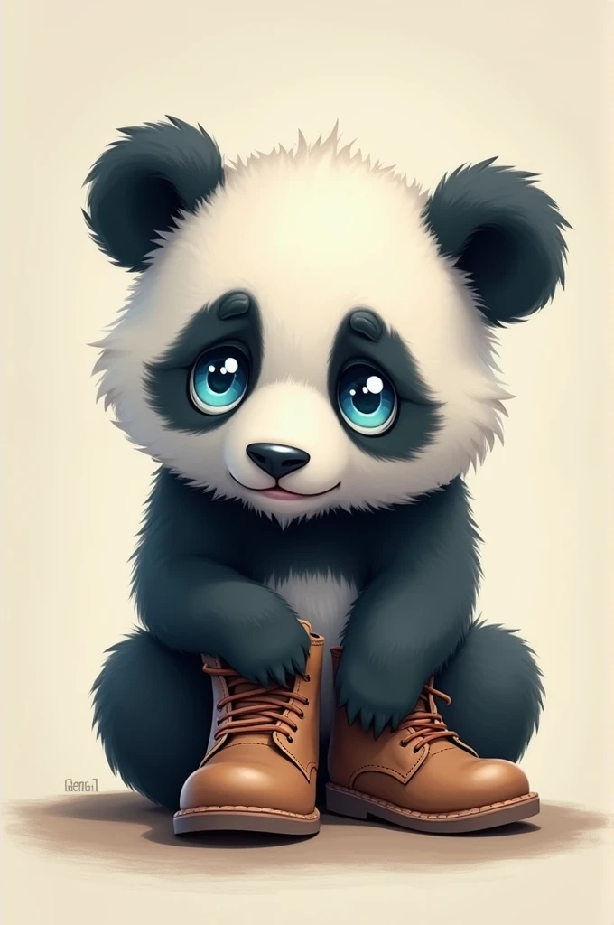 Cute panda with Blue eyes wear a shows and sad and thinking any things is in my shoes
